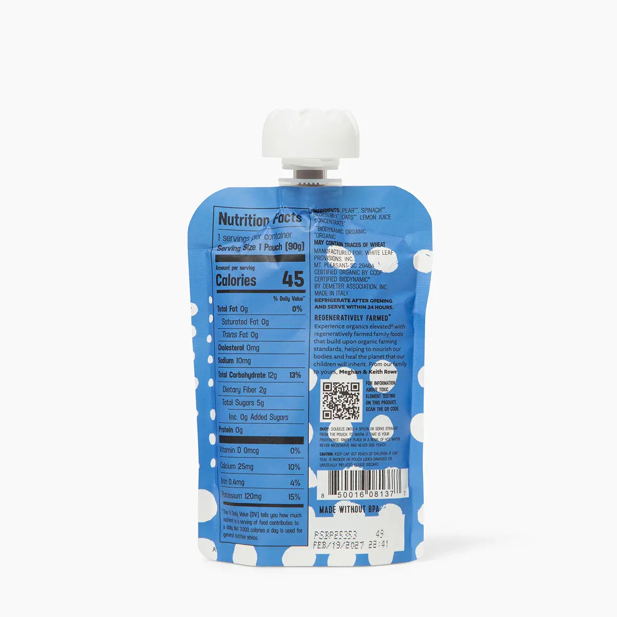 Nutrition Info for Pear + Spinach + Blueberry + Oat Puree: 42 Calories, 0g Fat, 0mg Cholesterol, 10mg Sodium, 12g Carb (2g Dietary Fiber, 5g Total Sugars, 0g Added Sugars) 0g Protein, 0mcg Vitamin D, 25mg Calcium, 0.5mg Iron, 120mg Potassium