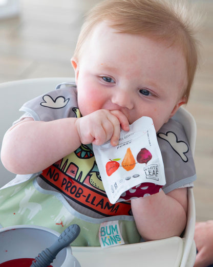 baby enjoying organic food puree pouch