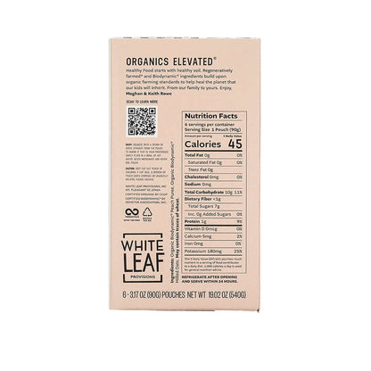 Organic Regeneratively Farmed® Peach + Oat Puree Nutrition Facts: Serving size - 1 pouch (90g). Per Serving: 45 calories, 0g total fat, 0mg cholesterol, 0mg sodium, 10g total carbohydrate, <1g dietary fiber, 7g total sugars, 0 added sugars, 1g protein, 0mcg vitamin d, 5mg calcium, 0mg iron, 180mg potassium