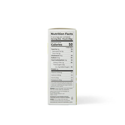 White Leaf Provisions Pear Applesauce Nutrition Facts: 4 servings per container, serving size - pouch (90g). Per Serving: 50 calories, 0g total fat, 0mg cholesterol, 0mg sodium, 11g total carbohydrate, 1g dietary fiber, 10g total sugars, 0 added sugars, 1g protein, 0mcg vitamin d, 10mg calcium, 0.2mg iron, 0mg potassium