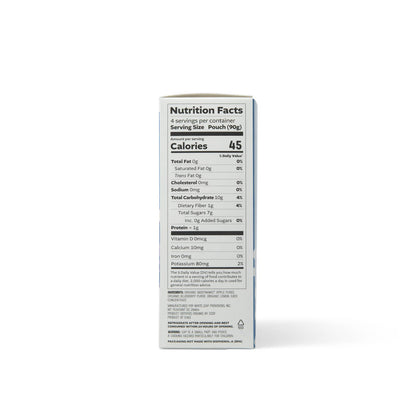 nutrition facts for regeneratively farmed blueberry applesauce: 4 servings per container, serving size - pouch (90g). Per Serving: 45 calories, 0g fat, 0mg cholesterol, 0mg sodium, 10g total carbohydrate, 1g dietary fiber, 7g total sugars, 0 added sugars, <1g protein, 0mcg vitamin d, 10mg calcium, 0mg iron, 80mg potassium