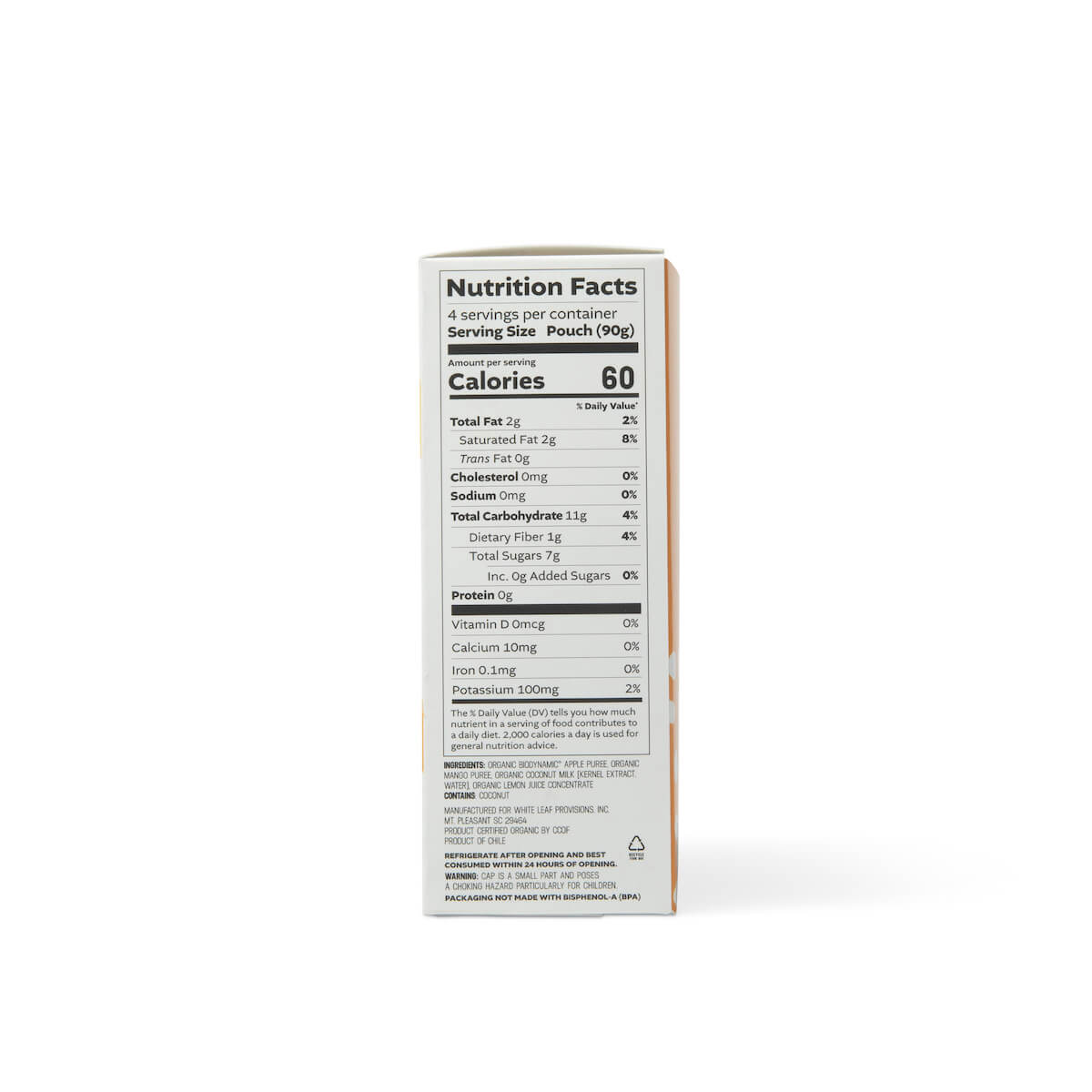 Mango + Coconut Applesauce Nutrition Info: 4 servings per container, serving size - pouch (90g). Per Serving: 60 calories, 2g total fat, 2g sat. fat, 0g trans fat, 0mg cholesterol, 0mg sodium, 11g total carbohydrate, 1g dietary fiber, 7g total sugars, 0 added sugars, <1g protein, 0mcg vitamin d, 0mg calcium, 0mg iron, 2% daily value potassium - 100mg
