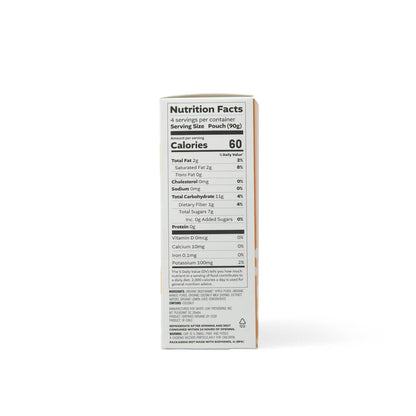 Mango + Coconut Applesauce Nutrition Info: 4 servings per container, serving size - pouch (90g). Per Serving: 60 calories, 2g total fat, 2g sat. fat, 0g trans fat, 0mg cholesterol, 0mg sodium, 11g total carbohydrate, 1g dietary fiber, 7g total sugars, 0 added sugars, <1g protein, 0mcg vitamin d, 0mg calcium, 0mg iron, 2% daily value potassium - 100mg