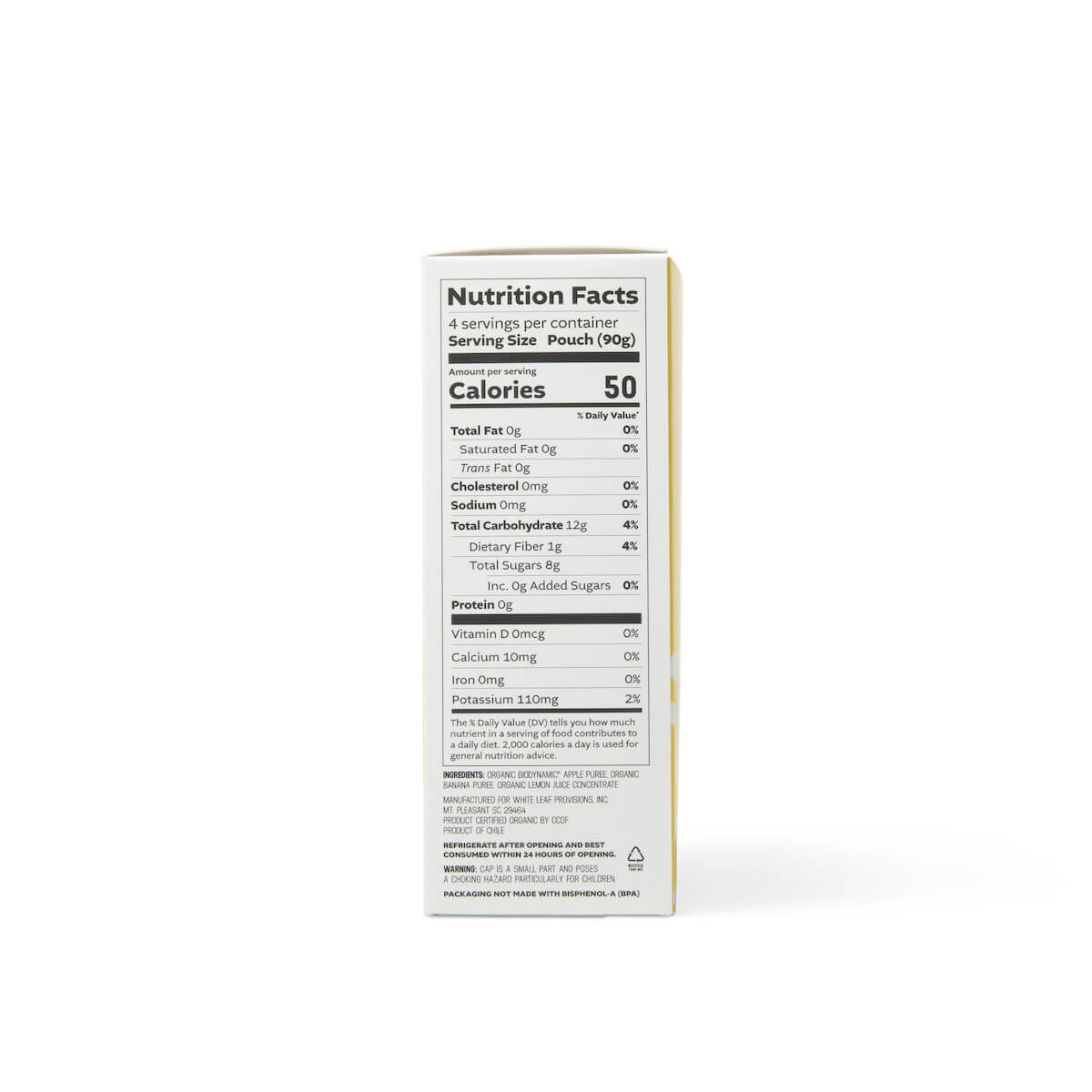 Organic Banana Applesauce nutrition info displaying: 4 servings per container, serving size - pouch (90g). Per Serving: 50 calories, 0g fat, 0mg cholesterol, 0mg sodium, 12g total carbohydrate, 1g dietary fiber, 8g total sugars, 0 added sugars, 0g protein, 0mcg vitamin d, 10mg calcium, 0mg iron, 110mg potassium 