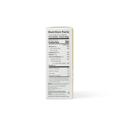Organic Banana Applesauce nutrition info displaying: 4 servings per container, serving size - pouch (90g). Per Serving: 50 calories, 0g fat, 0mg cholesterol, 0mg sodium, 12g total carbohydrate, 1g dietary fiber, 8g total sugars, 0 added sugars, 0g protein, 0mcg vitamin d, 10mg calcium, 0mg iron, 110mg potassium 