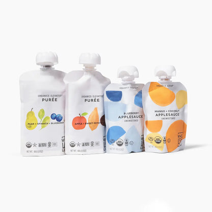 pouches included in bundle: pear spinach blueberry oat puree, apple sweet potato beet puree, blueberry applesauce, and mango coconut applesauce