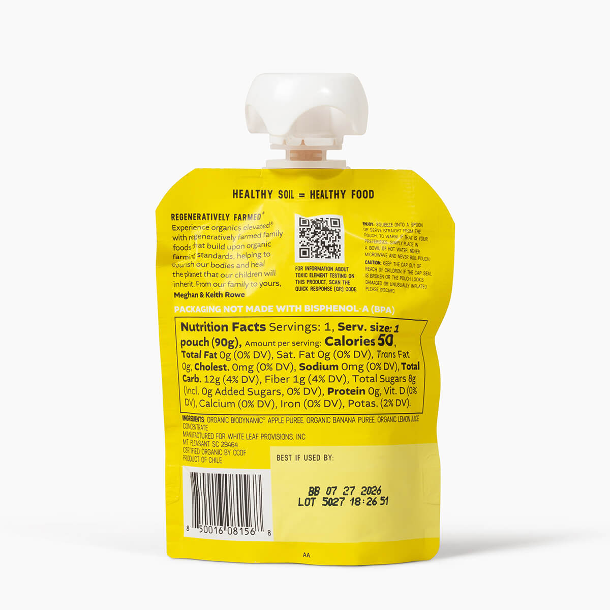 Organic Banana Applesauce nutrition info displaying: 4 servings per container, serving size - pouch (90g). Per Serving: 50 calories, 0g fat, 0mg cholesterol, 0mg sodium, 12g total carbohydrate, 1g dietary fiber, 8g total sugars, 0 added sugars, 0g protein, 0mcg vitamin d, 10mg calcium, 0mg iron, 110mg potassium 