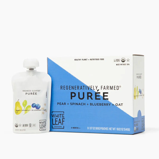 Organic Regeneratively Farmed Pear + Spinach + Blueberry + Oat Baby Food Pouches | White Leaf Provisions