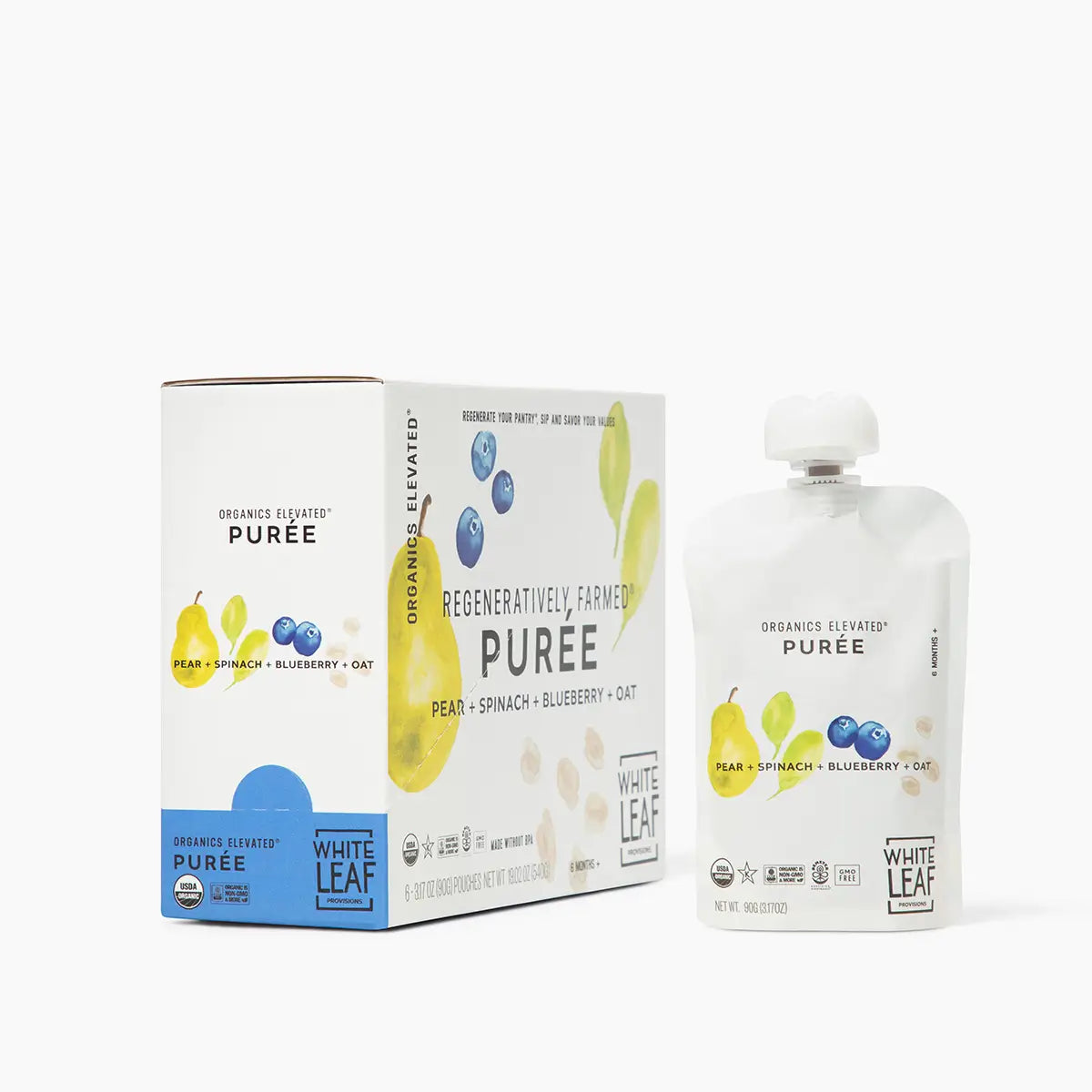 Organic Regeneratively Farmed Pear + Spinach + Blueberry + Oat Natural Baby Food Pouch | White Leaf Provisions