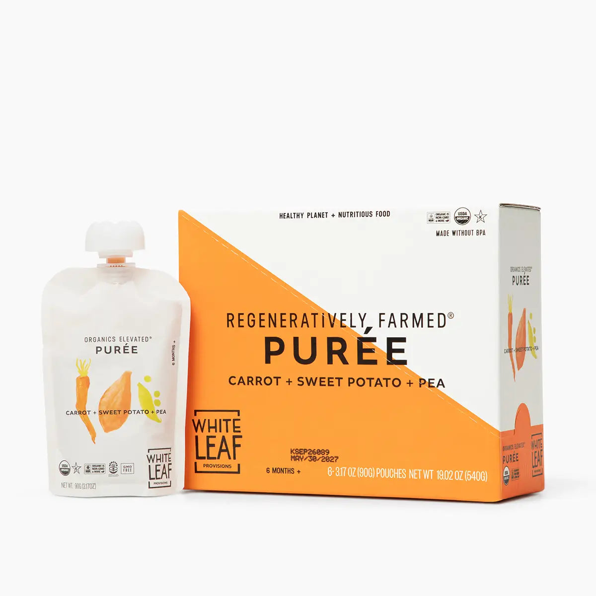 Box of White Leaf Organic Carrot + Sweet Potato + Pea puree pouches
