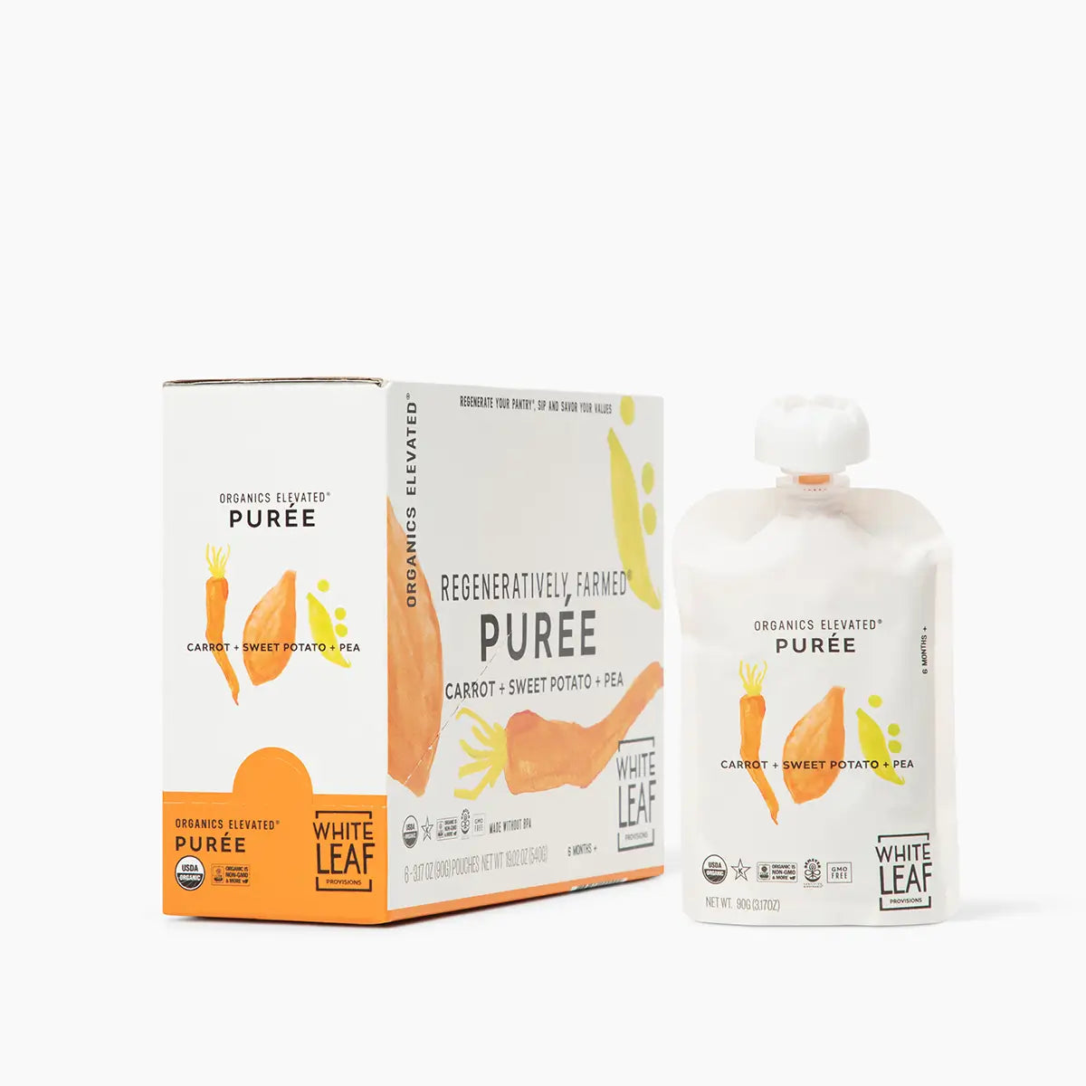 White Leaf carrot sweet potato pea pouches standing together