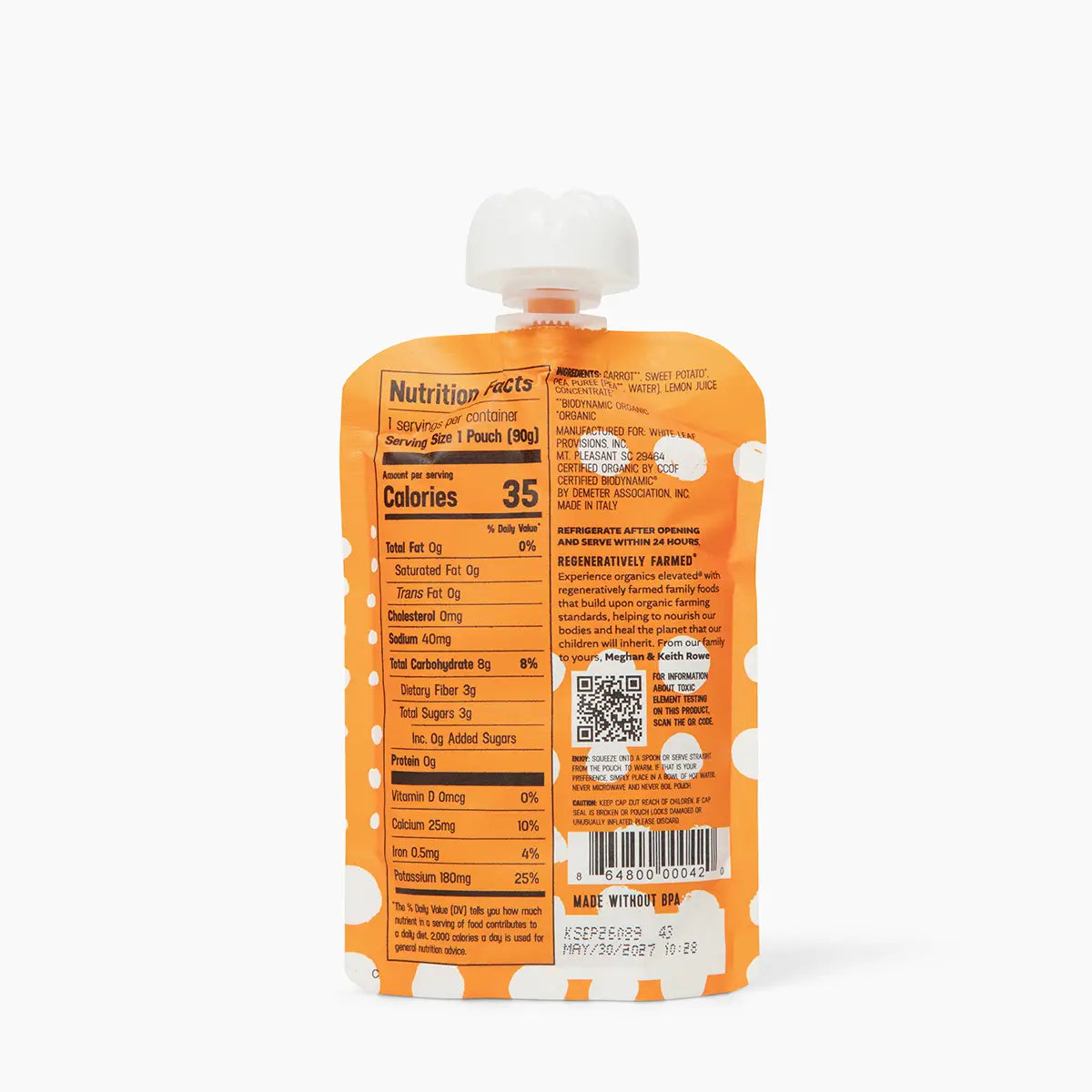 Nutrition facts for Carrot + Sweet Potato + Pea puree