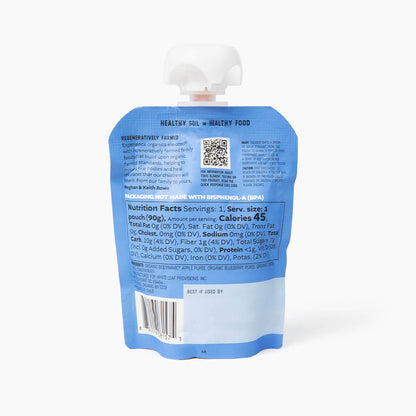 nutrition facts for regeneratively farmed blueberry applesauce: 4 servings per container, serving size - pouch (90g). Per Serving: 45 calories, 0g fat, 0mg cholesterol, 0mg sodium, 10g total carbohydrate, 1g dietary fiber, 7g total sugars, 0 added sugars, <1g protein, 0mcg vitamin d, 10mg calcium, 0mg iron, 80mg potassium