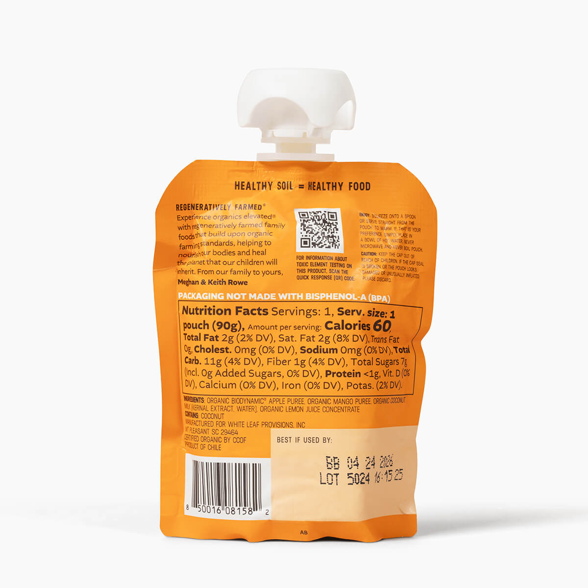 Mango + Coconut Applesauce Nutrition Info: 4 servings per container, serving size - pouch (90g). Per Serving: 60 calories, 2g total fat, 2g sat. fat, 0g trans fat, 0mg cholesterol, 0mg sodium, 11g total carbohydrate, 1g dietary fiber, 7g total sugars, 0 added sugars, <1g protein, 0mcg vitamin d, 0mg calcium, 0mg iron, 2% daily value potassium