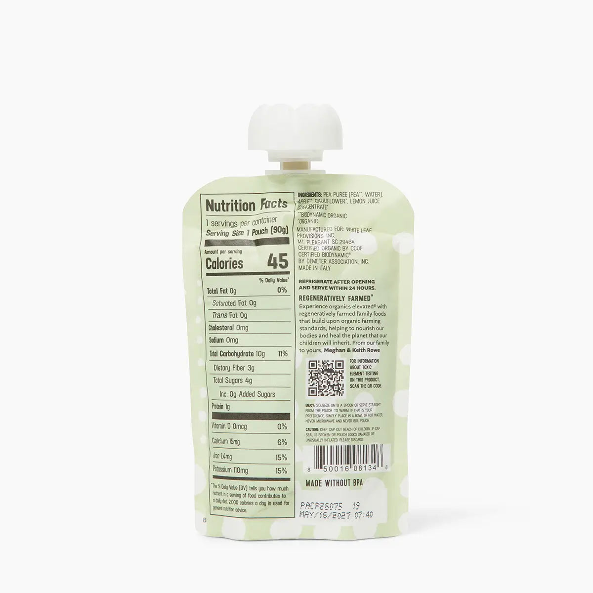 Nutrition Info for Pea + Apple + Cauliflower Puree: 45 Calories, 0g Fat, 0mg Cholesterol, 0mg Sodium, 10g Carb (3g Dietary Fiber, 4g Total Sugars, 0g Added Sugars) 0g Protein, 0mcg Vitamin D, 15mg Calcium, 1.4mg Iron, 110mg Potassium