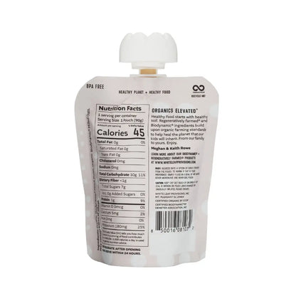 Organic Regeneratively Farmed® Peach + Oat Puree | White Leaf Provisions Nutrition Info: Serving size - 1 pouch (90g). Per Serving: 45 calories, 0g total fat, 0mg cholesterol, 0mg sodium, 10g total carbohydrate, <1g dietary fiber, 7g total sugars, 0 added sugars, 1g protein, 0mcg vitamin d, 5mg calcium, 0mg iron, 180mg potassium