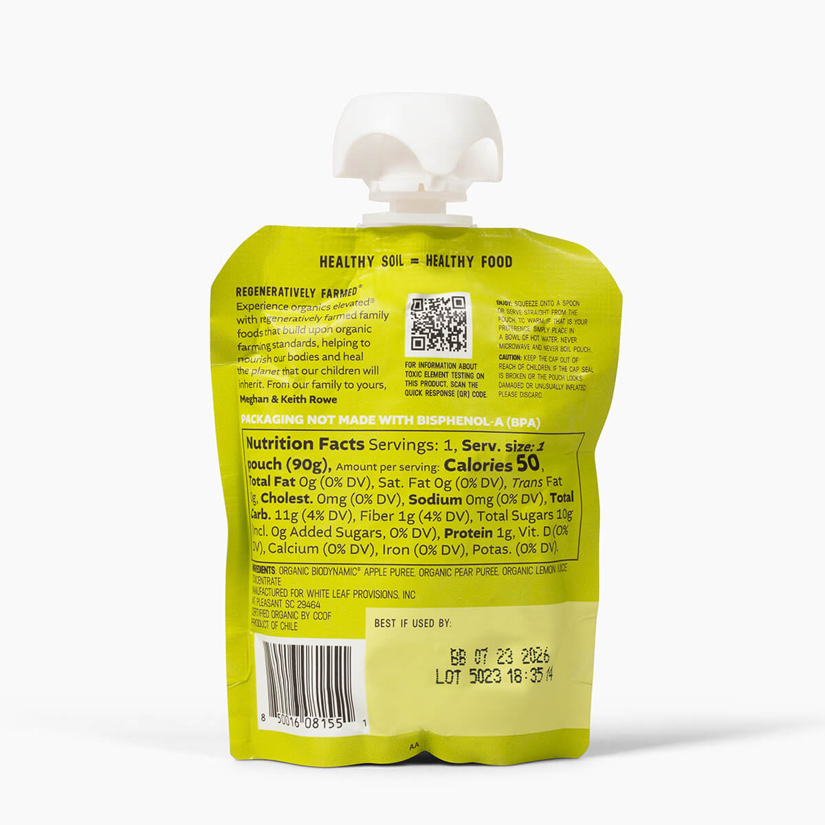 White Leaf Provisions Pear Applesauce Nutrition Facts: 4 servings per container, serving size - pouch (90g). Per Serving: 50 calories, 0g total fat, 0mg cholesterol, 0mg sodium, 11g total carbohydrate, 1g dietary fiber, 10g total sugars, 0 added sugars, 1g protein, 0mcg vitamin d, 10mg calcium, 0.2mg iron, 0mg potassium