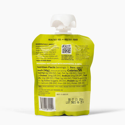 White Leaf Provisions Pear Applesauce Nutrition Facts: 4 servings per container, serving size - pouch (90g). Per Serving: 50 calories, 0g total fat, 0mg cholesterol, 0mg sodium, 11g total carbohydrate, 1g dietary fiber, 10g total sugars, 0 added sugars, 1g protein, 0mcg vitamin d, 10mg calcium, 0.2mg iron, 0mg potassium