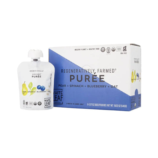 Organic Regeneratively Farmed Pear + Spinach + Blueberry + Oat Baby Food Pouches | White Leaf Provisions