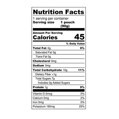 Organic Regeneratively Farmed® Peach + Oat Puree Nutrition Info:

Serving size - 1 pouch (90g). Per Serving: 45 calories, 0g total fat, 0mg cholesterol, 0mg sodium, 10g total carbohydrate, <1g dietary fiber, 7g total sugars, 0 added sugars, 1g protein, 0mcg vitamin d, 5mg calcium, 0mg iron, 180mg potassium